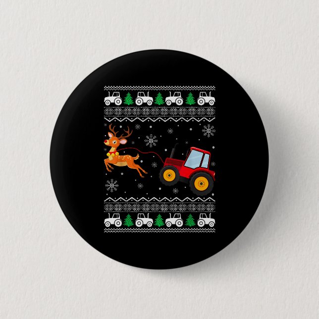 Tractor Ugly Christmas Tree Holiday Funny Xmas Boy Button (Front)