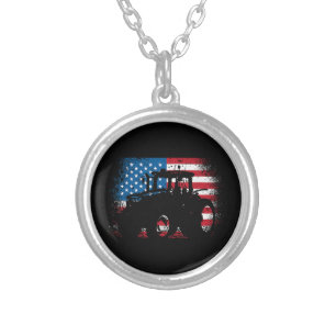 Tractor USA Flag design for Patriotic Farmer Silver Plated Necklace