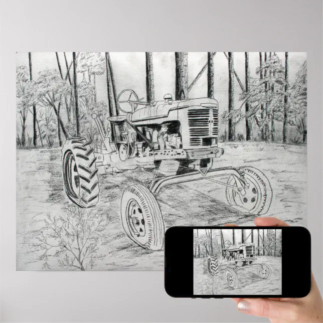 tractor vintage farm black and white art poster | Zazzle
