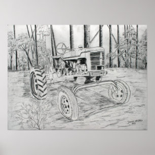tractor vintage farm black and white art poster