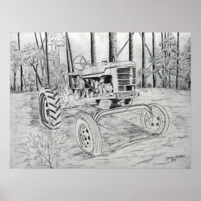 tractor vintage farm black and white art poster (Front)