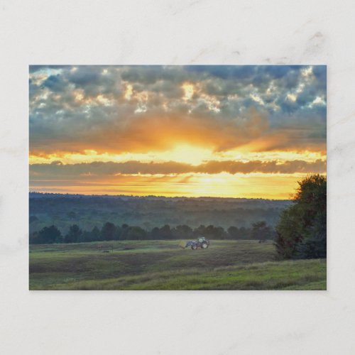 Tractor With a Hay Bale Texas Ranch Sunrise Postcard