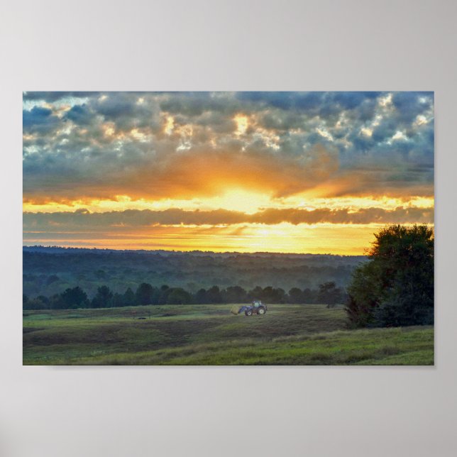 Tractor With a Hay Bale, Texas Ranch Sunrise Poster (Front)