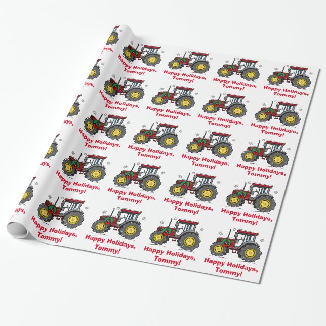 Tractor with Christmas Wreath Name Customizable Wrapping Paper (Unrolled)