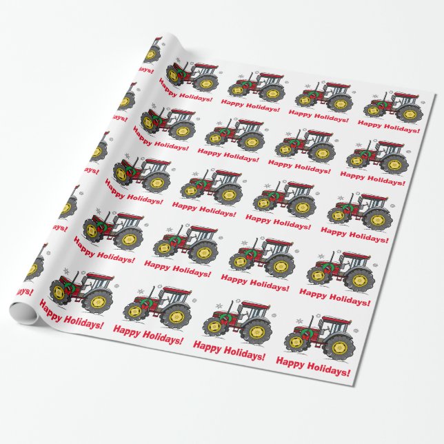Tractor with Christmas Wreath Wrapping Paper (Unrolled)
