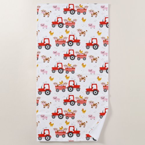 Tractor With Farm Animals Beach Towel