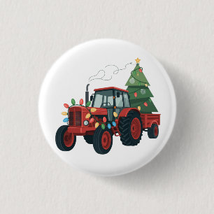 Tractor with Trailer Santa Farm Farmer Christmas Button