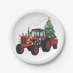 Tractor with Trailer Santa Farm Farmer Christmas Paper Plates