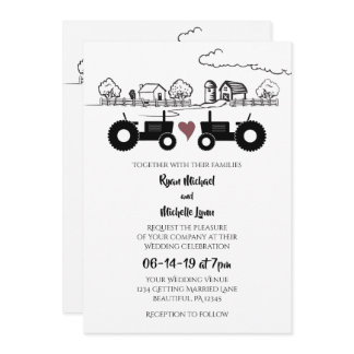Tractors in LOVE Black and White Farm Wedding Invitation