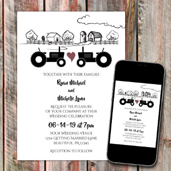 Tractors In Love Black And White Farm Wedding Invitation by SilhouetteCollection at Zazzle
