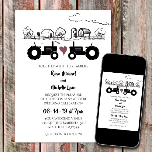 Tractors in LOVE Black and White Farm Wedding Invitation