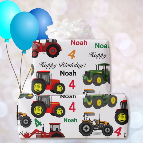 Tractors Loader Add Boys Name Age Birthday Wrapping Paper