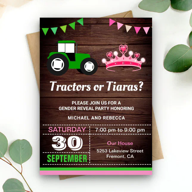 Tractors or Tiaras Gender Reveal Party Invitation Zazzle
