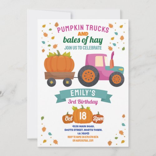 Tractors Pumpkin Birthday Harvest Party Girls  Invitation