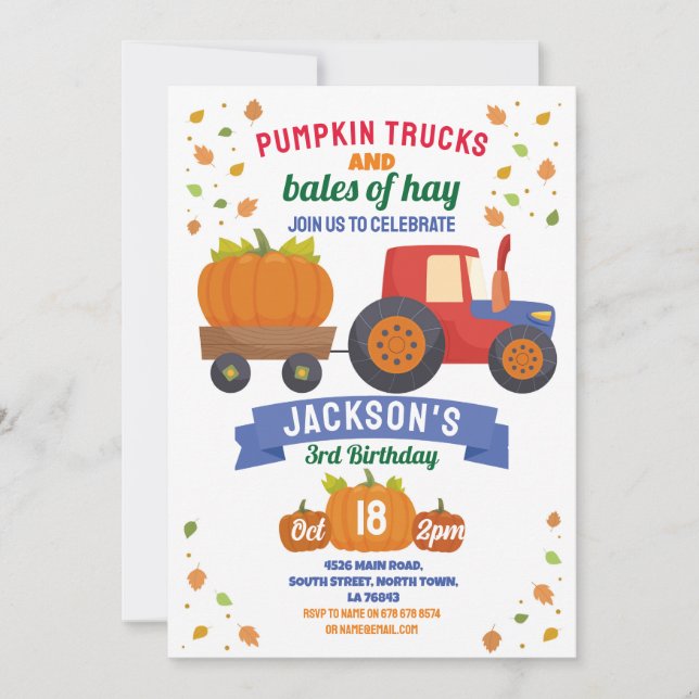 Tractors Pumpkin Birthday Harvest Party  Invitation (Front)