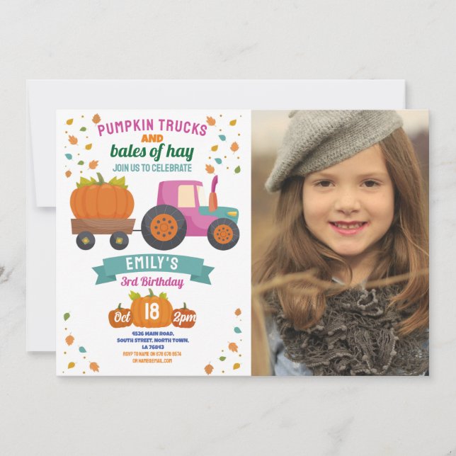 Tractors Pumpkin Pink Birthday Party Girls Photo Invitation (Front)