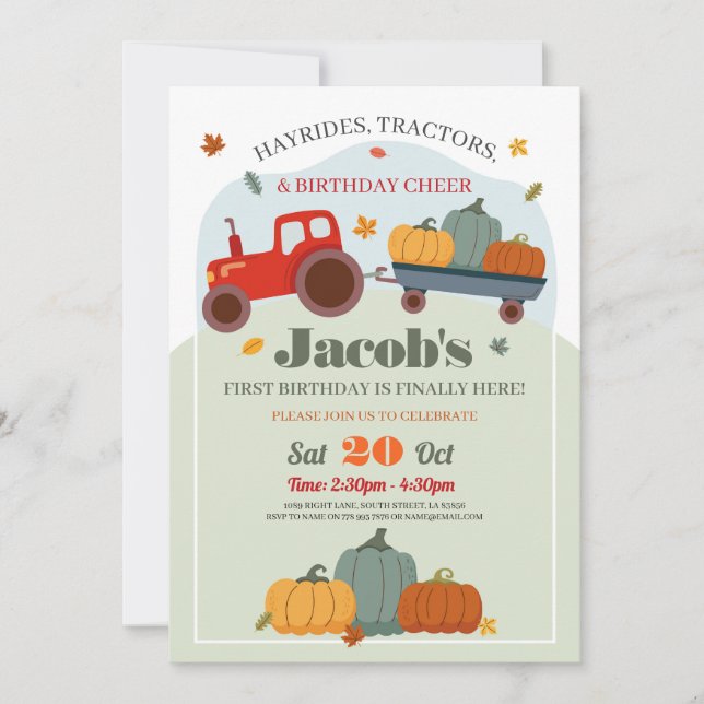 Tractors Pumpkins Birthday 1st One Fall Invitation (Front)