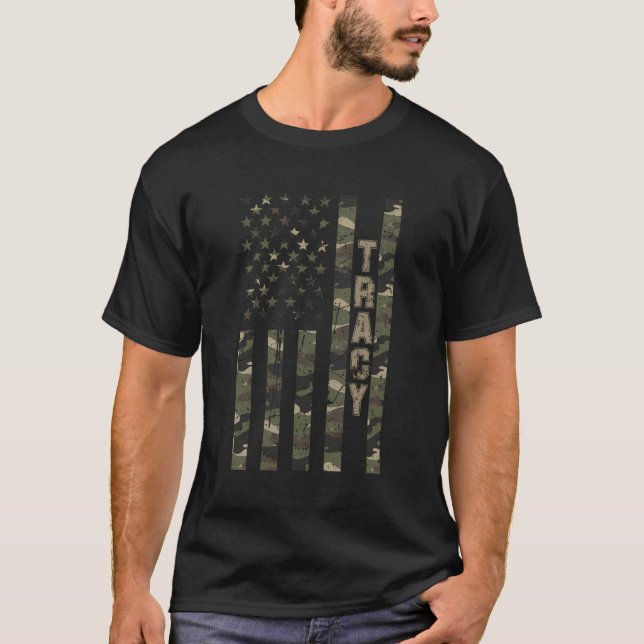 Tracy United States Distressed Camo W Us Flag T-Shirt (Front)