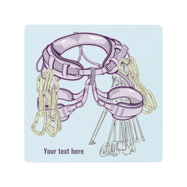 Trad climbing harness and equipment metal print (Front)