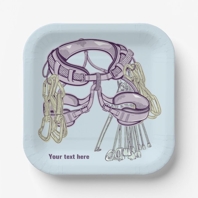 Trad climbing harness and equipment paper plates (Front)