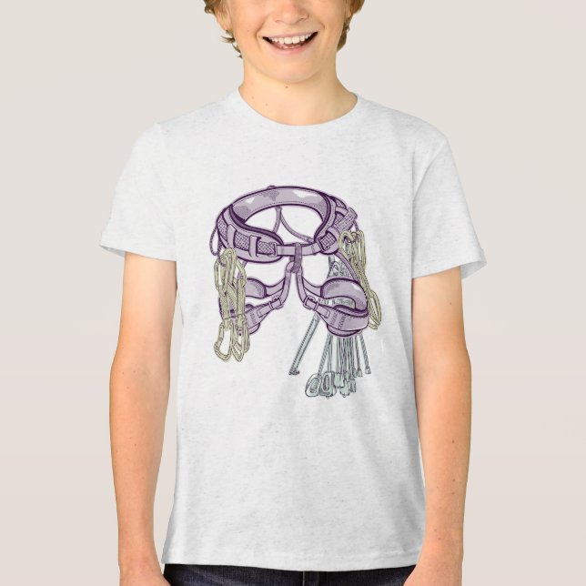 Trad climbing harness and equipment Tri-Blend shirt (Front)