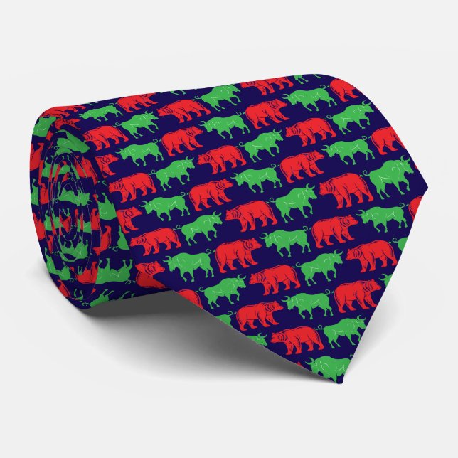 Traders Green Bull & Red Bear, Dark Blue BG Neck Tie (Rolled)