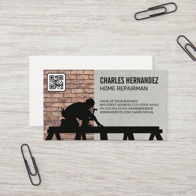 Tradesman Working on Roof | Brick Wall | QR Code Business Card (Front/Back In Situ)