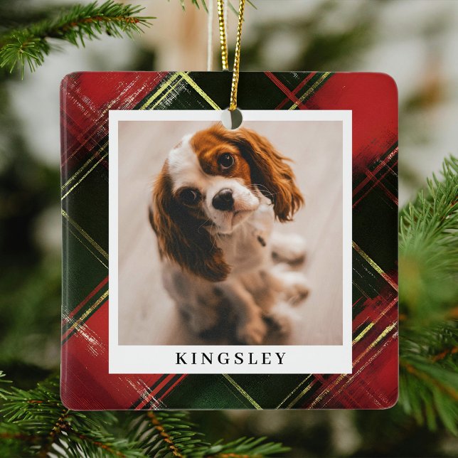 Tradiational Festive Plaid Pet Photo Christmas Ceramic Ornament (Creator Uploaded)