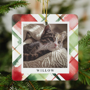 Tradiational Festive Plaid Pet Photo Christmas Ceramic Ornament