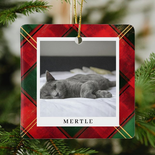 Tradiational Festive Plaid Pet Photo Christmas Ceramic Ornament (Creator Uploaded)