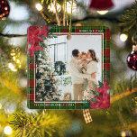 Tradiational Plaid & Poinsettia Christmas Photo  Ceramic Ornament<br><div class="desc">Celebrate your Christmas every year with an annual family photo ornament. This design features festive red,  green and gold plaid,  a photograph of your choice,  poinsettia florals with dark green foliage,  a season greeting,  name and year.</div>