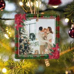 Tradiational Plaid & Poinsettia Christmas Photo  Ceramic Ornament