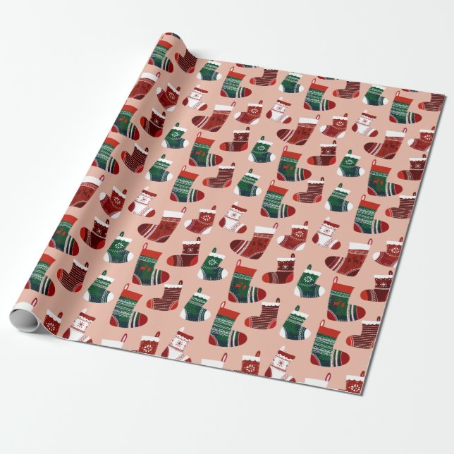 Tradicional Christmas Cute Retro Style Stocking Wrapping Paper (Unrolled)