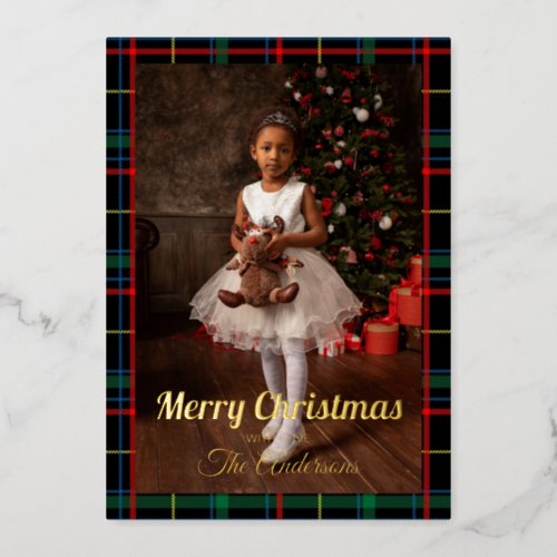 Tradicional Tartan Gold Script Merry Christmas Foil Holiday Card