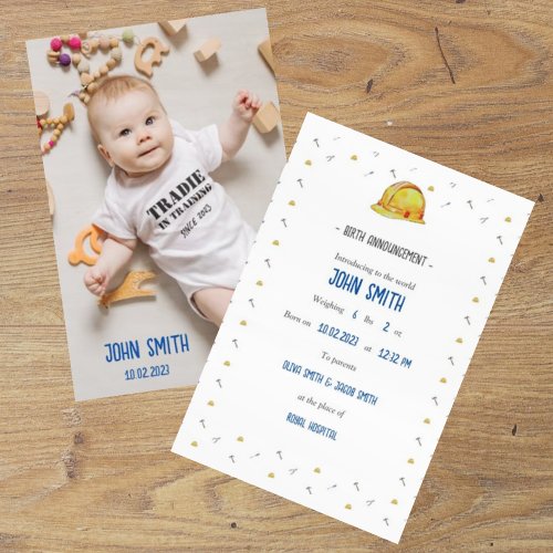 Tradie Baby Birth Announcement Certificate Card 