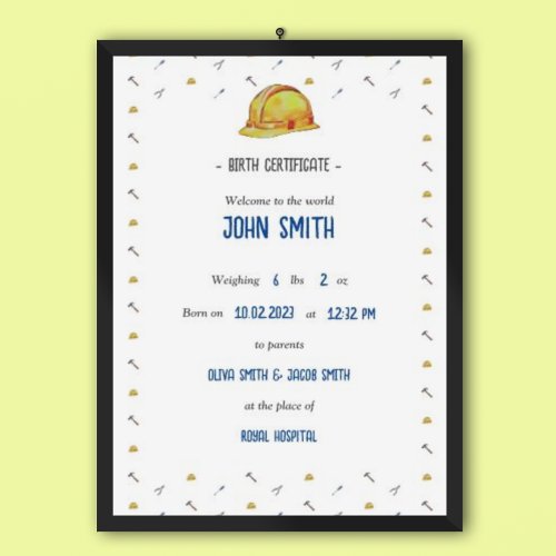 Tradie Baby Commemorative Birth Certificate Poster