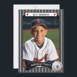 Trading Card Baseball Birthday Party Invitation<br><div class="desc">Personalize these cute baseball birthday invitations with your player's favorite photo. The baseball card design has a pinstripe background and features red all-stars and a baseball with the birthday MVP age. All the text can be changed to suite your needs.</div>