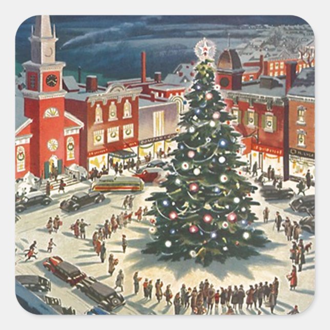 Tradition Christmas tree lighting town people gift Square Sticker (Front)