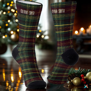 Tradition Green & Burgundy Christmas Plaid Custom Socks
