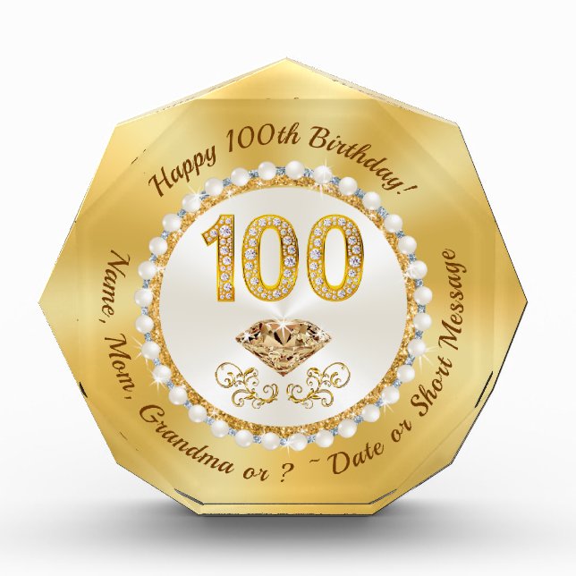 Traditional 100th Birthday Gift, for Mom, Grandma, Acrylic Award (Front)