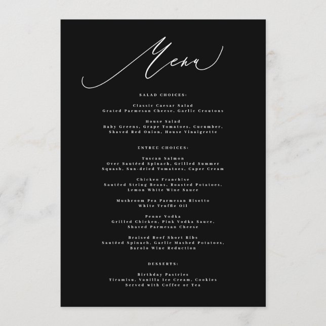 Traditional 5 x 7 Elegant Black White Calligraphy Menu (Front)