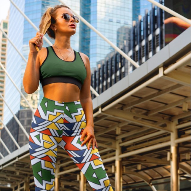 Traditional African Patterns High Waisted Dance Leggings (Traditional African Patterns High Waisted Dance Yoga Leggings mockup of a woman-posing in the city)