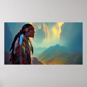 Traditional American Indian Man feathers Vintage 2 Poster