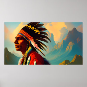 Traditional American Indian Man feathers Vintage Poster