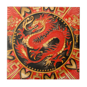 Traditional Ancient Chinese Dragon Red Gold Golden Ceramic Tile