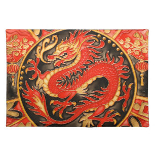 Traditional Ancient Chinese Dragon Red Gold Golden Cloth Placemat