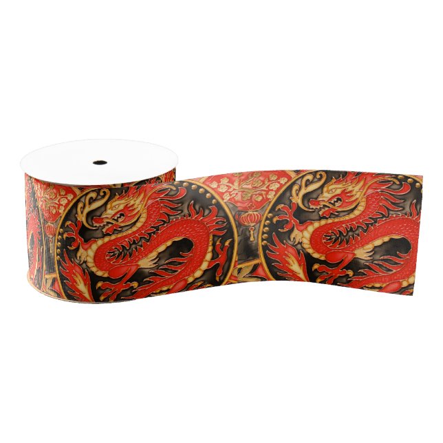 Traditional Ancient Chinese Dragon Red Gold Golden Grosgrain Ribbon (Spool)