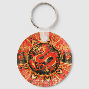 Traditional Ancient Chinese Dragon Red Gold Golden Keychain