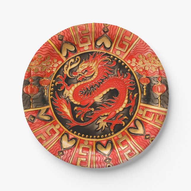 Traditional Ancient Chinese Dragon Red Gold Golden Paper Plates (Front)