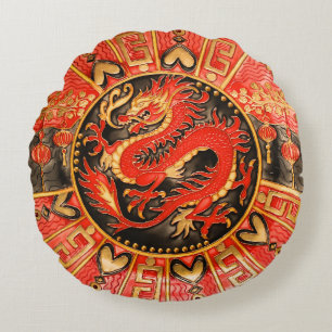 Traditional Ancient Chinese Dragon Red Gold Golden Round Pillow